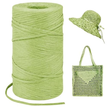 LEREATI Fruit Green Raffia Yarn for Crochet Bags 3mm x 328 Yards Flat String Raffia Ribbon for Gift Wrapping Raffia Paper Ribbon Yarn for Crocheting Sun Hat Bag DIY Crafts Holiday Decoration
