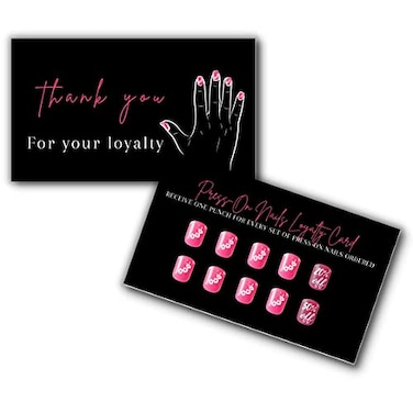 Boutique Marketing PressOn Nail Loyalty Punch Cards 50 Pack 2x35 inch Business Card Size DIY PressOn Nail Kit Black with Pink Nail Design