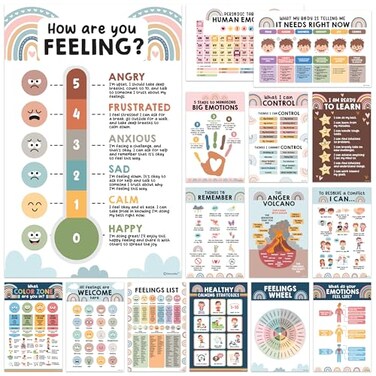 Decorably 15 Social Emotions Poster for Classroom 11x17in Educational MatteLaminated Chart for Kids School Hallways Bulletin Boards Home Study Room