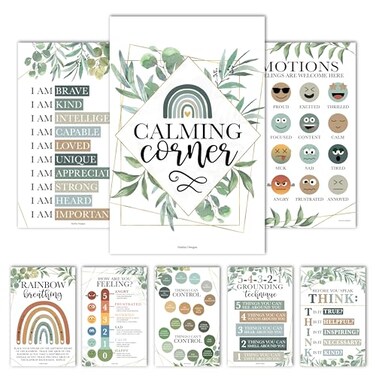 Hadley Designs 8 Calming Corner Posters for Classroom Must Haves Calm Down Corner Supplies with Emotions ChartSchool Counselor Mental Health Poster Feelings Chart For Kids Greenery Classroom Decor