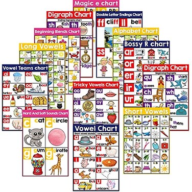 Yisong 13 Pcs English Phonics Poster Language Charts Learning Vowels Posters Alphabet Bulletin Board Set Wall Decoration 16 x 11 Inch
