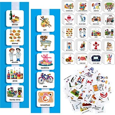 Geyee 133 Pieces Visual Schedule Cards Daily Routine Home Chore Chart Autism Learning Materials Wall Kids Planner With 6 Blue Background Cards 139 Hook and Loop Dots for Home School Education