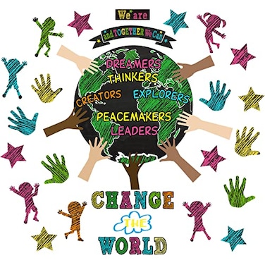 Pajean 88 Pieces One World Together Classroom Decorations We Can Change The World Classroom Wall Decor We are and Together Hands Cutouts with Stars Cutouts for Classroom Decor Chalkboard Brights