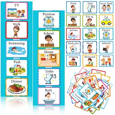 Eersida Visual 35 Pieces Schedule for Toddlers Autism Learning Materials Kids Routine Cards Visual Wall Planner 2 Chore Chart Schedule Board for Home School 2 Rough Strips 35 Hook and Loop DotsCyan
