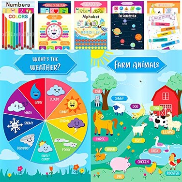 Youngever 13 Pack Laminated Educational Preschool Posters for Toddlers and Kids Learning Posters Classroom Posters Teaching Posters Alphabet ABC Posters with Solar System 16 x 11 inch