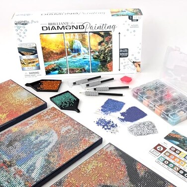 ArtSkills Diamond Painting Kit Diamond Art on Framed Canvas with Gem Storage Case and Accessory Kit Waterfall 3 Stretched Canvas Panels 14 x 7 Each