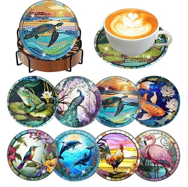 Meothan 8 Pcs Diamond Art Coasters Kits for Adults with Holder Cork Pads Diamond Dots Art Painting Coasters Crafts Kit for Home Office Decor Different Animals