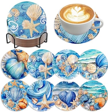 Zythron 8 PCS Diamond Art Coasters Ocean Diamond Painting Coasters Kits Ocean Animals with Holder DIY for Beginners Adults Diamonds Art Crafts Supplies 4x4 in