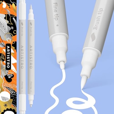 ARTISTRO 2 White DualTip Acrylic Paint Pens Multisurface Markers for Glass Rock Fabric Wood Plastic More 1 mm Fine Brush Tips