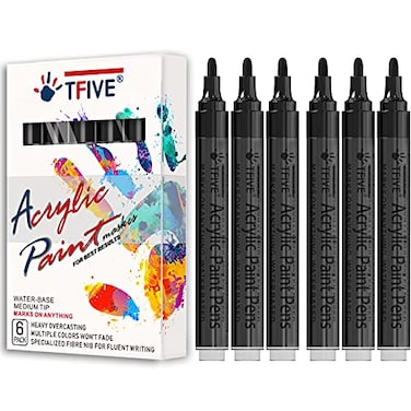 TFIVE Black Acrylic Paint Marker Pens 6 Pack Medium Tip Permanent Acrylic Markers Black Water Based Paint Pen for DIY Projects Rock Fabric Wood Leather Metal Ceramics Paper Glass Plastic