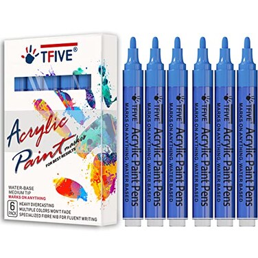 TFIVE Blue Acrylic Paint Marker Pens 6 Pack Medium Tip Permanent Acrylic Markers Blue Water Based Paint Pen for DIY Projects Rock Fabric Wood Leather Metal Ceramics Paper Glass Plastic