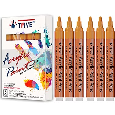 TFIVE Orange Acrylic Paint Marker Pens 6 Pack Medium Tip Permanent Acrylic Markers Orange Water Based Paint Pen for DIY Projects Rock Fabric Wood Leather Metal Ceramics Paper Glass Plastic
