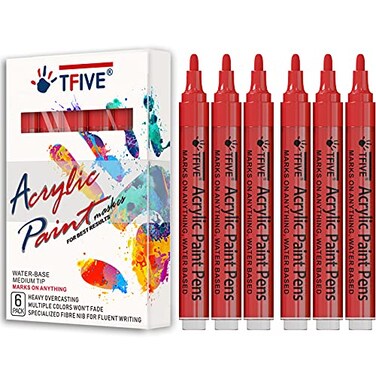 TFIVE Red Acrylic Paint Marker Pens 6 Pack Medium Tip Permanent Acrylic Markers Red Water Based Paint Pen for DIY Projects Rock Fabric Wood Leather Metal Ceramics Paper Glass Plastic