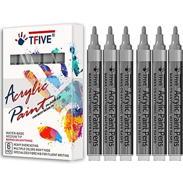 TFIVE Silver Acrylic Paint Marker Pens 6 Pack Medium Tip Permanent Acrylic Markers Silver Water Based Metallic Paint Pen for DIY Projects Rock Fabric Wood Leather Metal Ceramic Glass Plastic