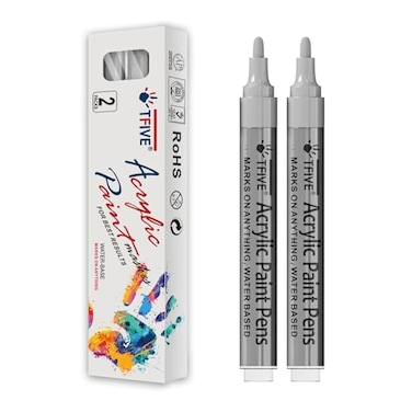 TFIVE Silver Paint Marker Pens 2 Pack Acrylic Permanent Marker 23mm Medium Tip Paint Pen for Art Projects Drawing Rock Painting Ceramic Glass Wood Plastic Metal Canvas DIY Crafts