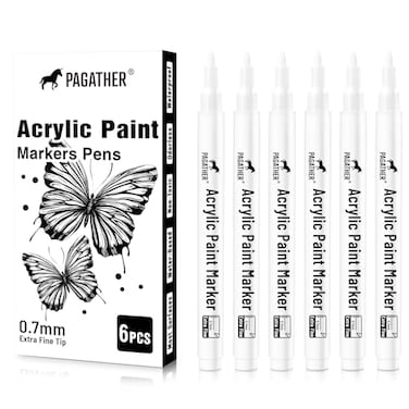 Pagather Acrylic White Paint Pens 6 Pack 07mm Extra Fine White Paint Marker for Rock Painting Wood Metal Fabric Plastic Canvas Glass Ceramic Diy Crafts