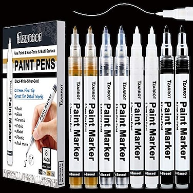TZARROT White Paint Pen 8 Pack 07mm Acrylic Paint Pens with 2 White 2 Black 2 Gold 2 Silver Permanent Marker for Wood Rock Fabric Metal Plastic Ceramic Acrylic Markers Extra Fine Tip