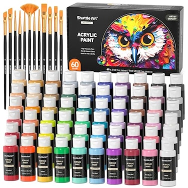 Shuttle Art 72 Pack Acrylic Paint Set 60 Colors Acrylic Paint Including Extra White Black 12 Brushes 2oz60ml Rich Pigmented Water Proof Ideal for Artists Beginners on Canvas Rock Wood Ceramic