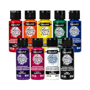DecoArt Acrylic Glass Paint Set Primary Colors 9 Bottles 2 fl oz Opaque Art and Craft Glass Paint
