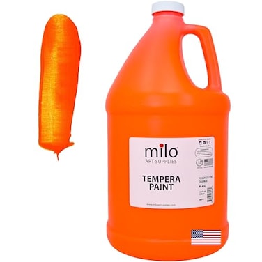 milo Fluorescent Orange Neon Tempera Paint 128 oz Bottle 1 Gallon Glows UV in Black Light NonToxic Made in USA Washable Bulk Art Paint for Party Student Classroom Artist
