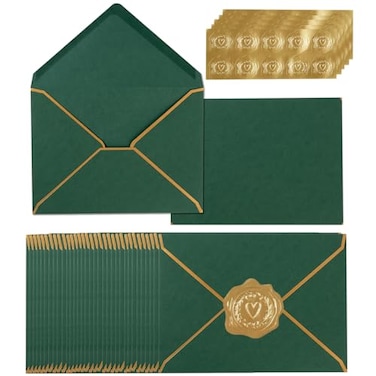 Homtable 100 Pack A7 Envelopes 5x7 Dark Green Gold Border 532x728 Inches