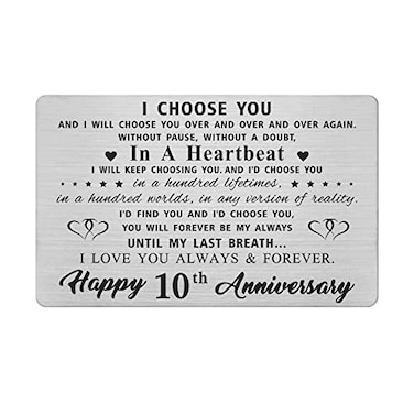 LGQDYMZ 10 Year Anniversary Card Gifts for Husband Him Happy 10th Wedding Anniversary Cards Gift for Men Engraved Metal Wallet Insert
