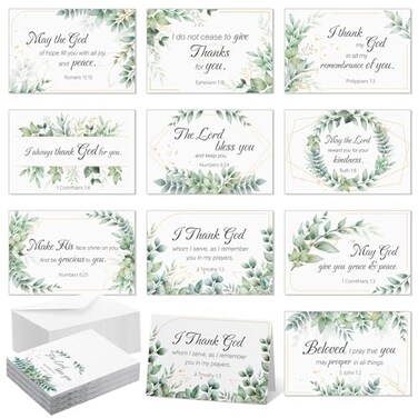 Affrolling 50 Pack Religious Christian Thank You Cards Bulk with Scripture Envelopes Stickers Bible Verse Spring Greeting Cards Encouragement Inspirational Baptism Notes 4x6 Inch Leaf