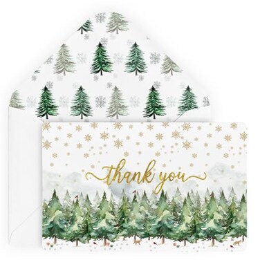 Artoid Mode 24 Pack Bird Xmas Tree Forest Christmas Thank You Cards Gift With Envelope Sticker Blank Note Greeting Cards 4 x 6 Inch