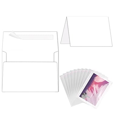Goefun Blank White Cards and Envelopes with Clear Cello Bags 100 Pack 5 x 7 Folded Cardstock and A7 Envelopes Self Seal for Invitations Wedding Birthday and DIY Greeting Cards