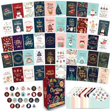 Decorably 100 Pack Foiled Glittery Boxed 6x4in Assorted Christmas Cards with Envelopes and Stickers 100 Unique Holiday Designs Seasons Greetings for Loved Ones Printed Message Gifting Mailing