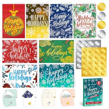Decorably 40 Pack Foil Embossed 5x7in Assorted Holiday Cards Bulk with Envelopes and Stickers 8 Elegant Designs for Friends Family and Loved Ones with Printed Message Inside Gifting Mailing
