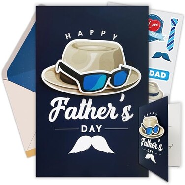Decorably 5x8in Individual Fathers Day Card for Dad with Hat and Sunglasses Cutouts with Envelope and Stickers for Brother Uncle Grandpa with Printed Message Inside Gifting Mailing