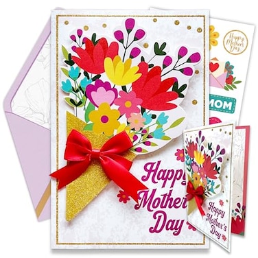 Decorably Glittery 5x8in Handmade Individual Happy Mothers Day Card for Mom with Red Ribbon and Flower Cutout with Envelope and Stickers Printed Message Inside Gifting Mailing