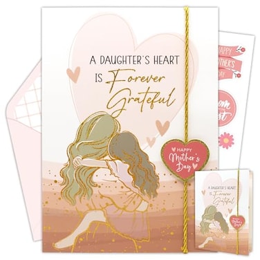 Decorably Gold Glitter Foil 5x7in Handmade Individual Mothers Day Card from Daughter with String and DieCut Heart Charm Matching Envelope and Stickers for Mom Textured with Printed Message Inside