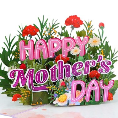 FaCraft 3D Pop Up Mothers Day Card Handmade Red Carnations Daisies Flower Greeting Card with White Pearlescent Envelope Blank Insert Seal for Best Mom Wife Grandma Daughter