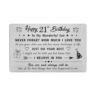 FALOGIJE Son 21st Birthday Card Gifts for 21 Year Old Son 21st Birthday Decorations for Him Men Engraved Metal Wallet Card