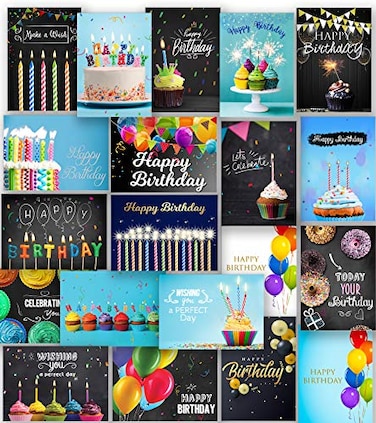T&M Quality Happy Birthday Cards with Envelopes and Stickers 20 Unique Designs Greeting Notes 4x6 Inches when Folded Thick Cardstock Matte Finished in a Sturdy Box