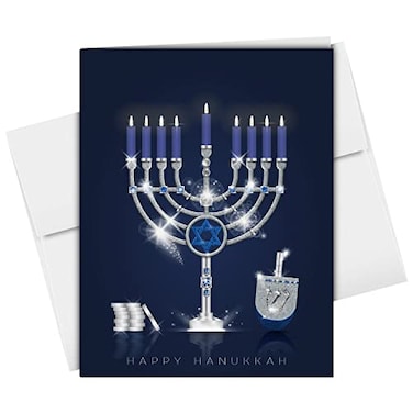 S Superfine Happy Hanukkah Greeting Cards with Envelopes Set Elegant Blue Menorah Dreidel and Silver Coins Design for Religious Jewish Holiday Chanukah 425 x 55 A2 Size Blank Inside 25 per Pack