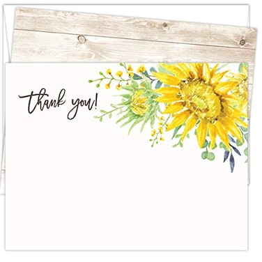 Koko Paper Co Sunflower Thank You Cards 25 Flat Note Cards and Envelopes Printed on Heavy Card Stock