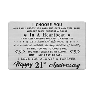 LGQDYMZ 21 Year Anniversary Card Gifts for Him Husband Happy 21st Wedding Anniversary Cards Gift for Men Engraved Metal Wallet Insert