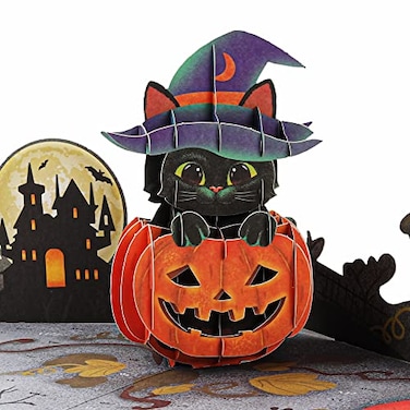 Liif Halloween Pumpkin Black Cat 3D Greeting Pop Up Card Halloween Card Cute Kitten Trick Or Treat With Message Note Envelop