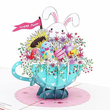 Liif Teacup Easter Bunny Gift 3D Greeting Pop Up Easter Card Happy Easter Card For Kids Grandson Granddaughter Children Boy Girl Cute Funny Religious With Envelop