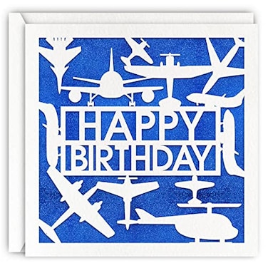 MAGJUCHE Blue Airplane Birthday Card Blue Glitter Laser Cut Aeroplane Flying Greeting Card For Boys Men