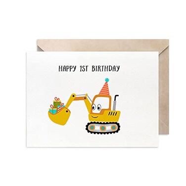 MAGJUCHE Construction 1st Birthday Card For Boy Digger Birthday Card For Son Grandson Nephew Friend