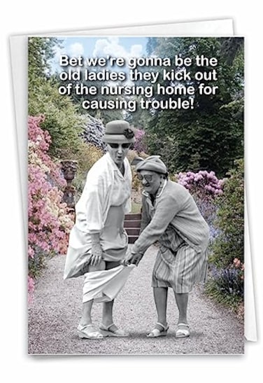 NobleWorks 1 Funny Happy Birthday Greeting Card Old Woman Humor Notecard Talk Bubbles Old Troublemakers C3567BDG