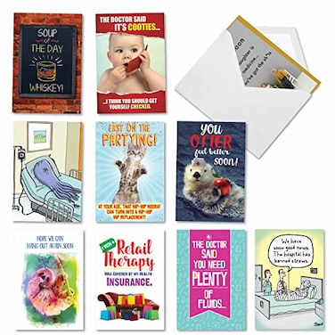 NobleWorks 10 Get Well Cards Funny Assorted Humor Hilarious Feel Better Soon Greeting Cards Boxed Set thoughtful Remedies AC9373GWGB1x10