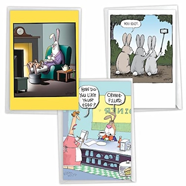 NobleWorks Assortment Pack of 3 Humorous Easter Greeting Cards with Envelopes 3 Designs 1 Each Bunny Funnies VC10393EAGC1x3