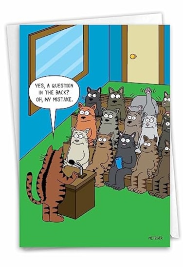 NobleWorks 1 Funny Birthday Cards with Cats Kitty Assembly Classroom Lick Humor Notecard with Envelope for Animal Lovers C3674BDG