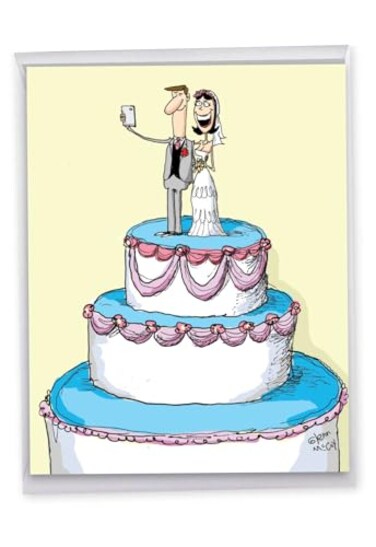 NobleWorks Jumbo Funny Wedding Congratulations Greeting Card 85 x 11 Inch with Envelope 1 Pack Thank You Congats Good Luck Cake Selfie J9733