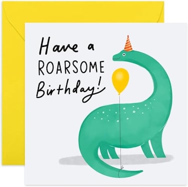 Old English Co Have A Roarsome Birthday Dino Card Fun Cute Party Hat Card for Children Dinosaur Theme For Young Girl or Boy Blank Inside Envelope Included